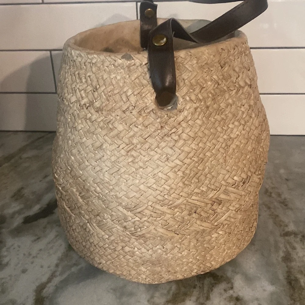 Large concrete woven basket planter with vegan leather handle. Heavy. Artsy boho
